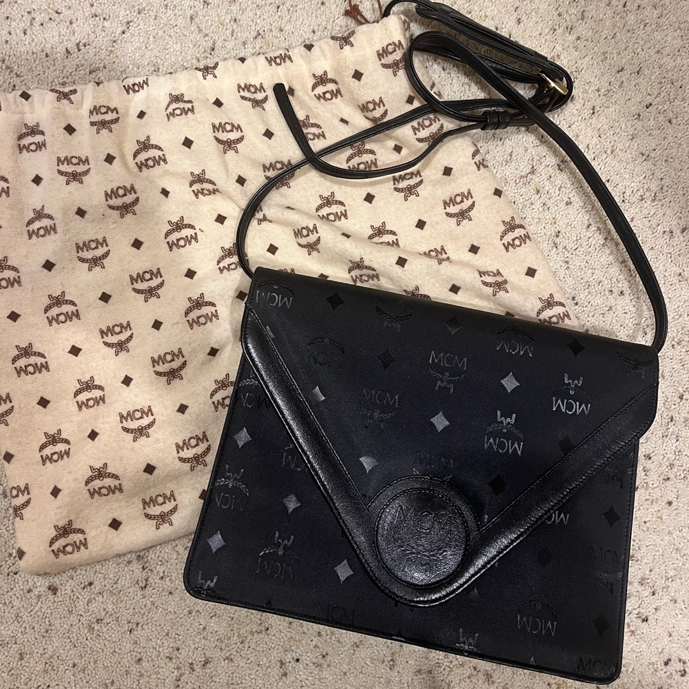 Vintage MCM Large Black Envelope Bag with Adjustable Strap